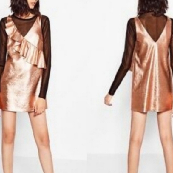 NWT Zara Metallic Rose Gold Mini Foux Leather Dress - Picture 6 of 11